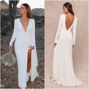 LULU’S Stunning Romance White Long Sleeve Mermaid Maxi Dress